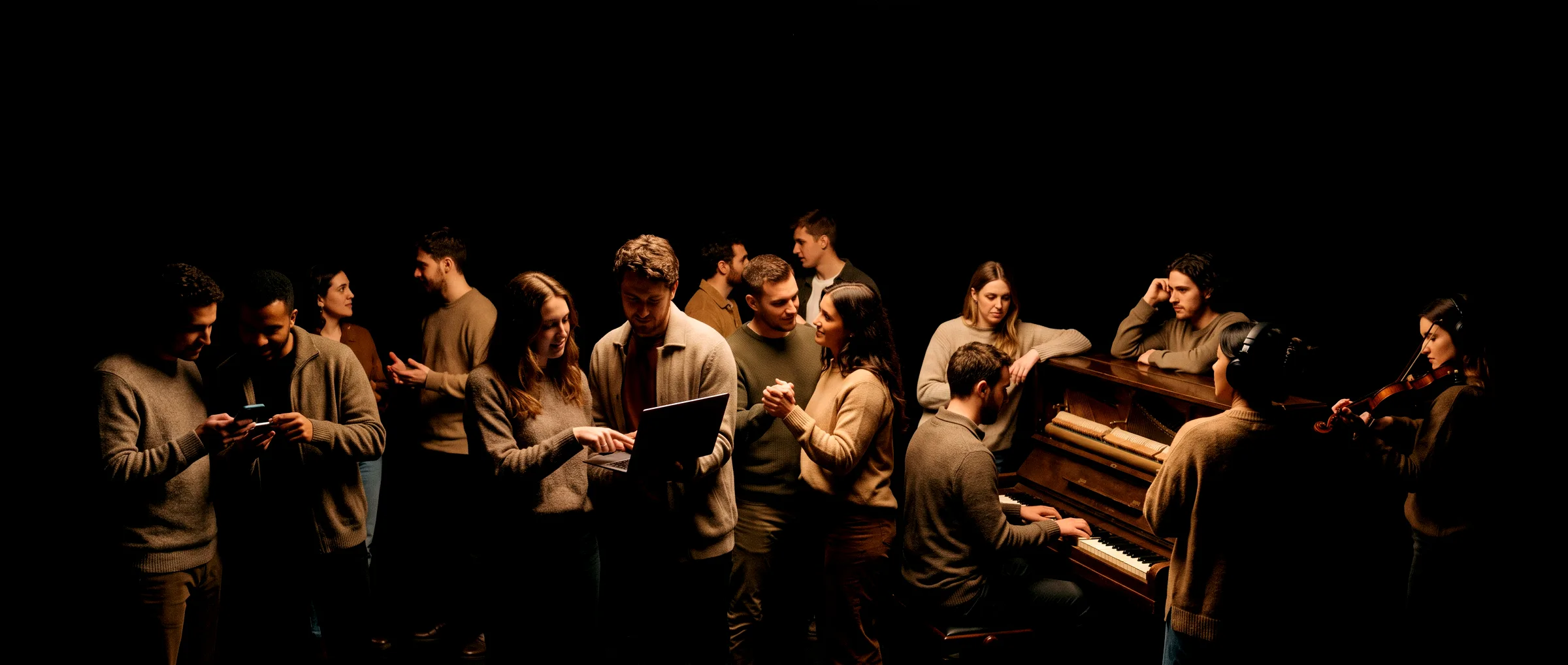 A group of people chatting, sharing a phone, working on a laptop, dancing and playing piano and violin together